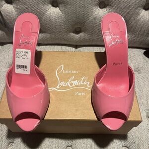 Christian Louboutin Pink Patent Leather Peep-Toe Mules with Kitten Heel